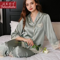 重磅真丝睡衣女春夏秋季桑蚕丝绸长袖蕾丝家居服套装可外穿 T8249