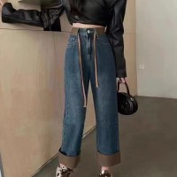 8015 复古翻边撞色高腰抽绳宽松显瘦阔腿加绒加厚牛仔裤女 不退换