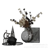 厂家批发现代简约灰色透明圆球水养玻璃花瓶餐桌花仿真花饰品摆件