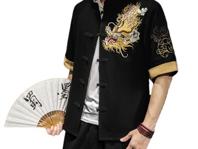 中国风刺绣短袖衬衫男夏季大码宽松
