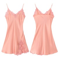 女夏季100%桑蚕丝睡衣V领性感家居服蕾丝真丝吊带睡裙 D33141A