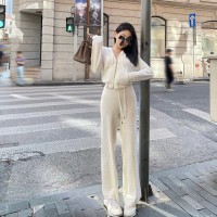 2021时尚女装连帽开衫外套+阔腿长裤白色针织套装