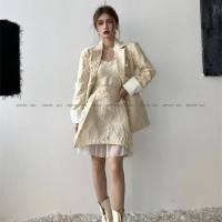 steviewu飘·系列复古流苏提花翻袖西装下摆拼纱两件套女气质套装
