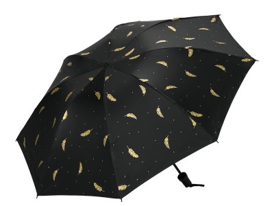 手开大三折折叠黑胶烫金羽毛雨伞防