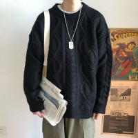 21冬装新款港风男士宽松圆领麻花套头毛衣男韩版潮牌加厚毛线衣男