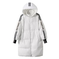 情侣中长款连帽羽绒服保暖白鸭绒条纹织带外套冬季印花大衣