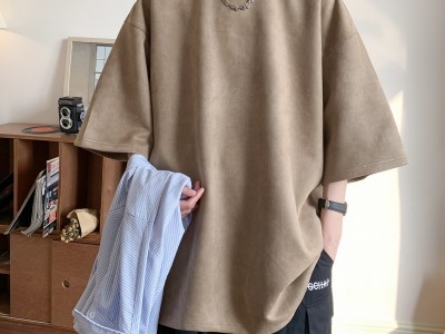 220克鹿皮绒纯色夏季宽松半袖圆领短