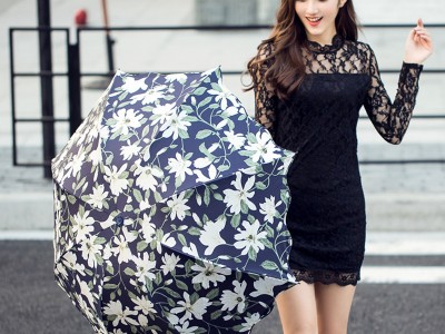 百合花晴雨二用 折叠太阳女士 黑胶