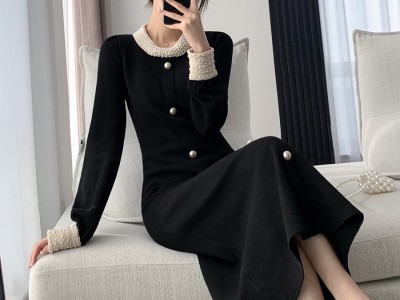潮ins黑色针织连衣裙女2023秋装新款