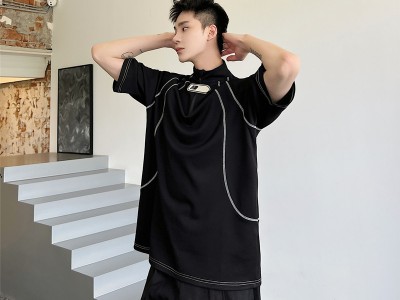 夏新半拉链套头半袖T恤男机能风明线
