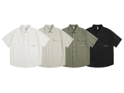 ouswe23夏季日系复古工装短袖衬衫男