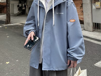 港风秋季假两件连帽夹克男女宽松情