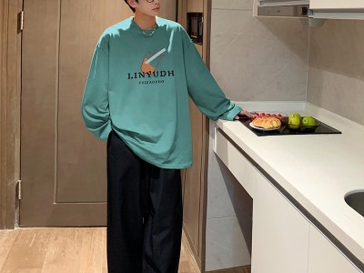春季港风长袖T恤男2023潮流印花宽松