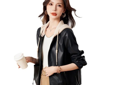 韩版机车皮衣连帽上衣女2023春秋新