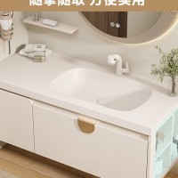 杜邦可丽耐一体盆奶油风浴室柜组合实木现代简约侧面收纳洗手脸盆