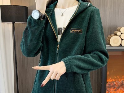 秋冬加厚连帽开衫抓绒衣女户外运动