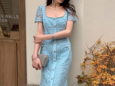 夏季新款女装性感翻领重磅蕾丝连衣