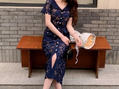 2024早春新款女装水溶蕾丝深蓝色大