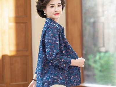 中老年女装七分袖牛仔衬衫2024春季