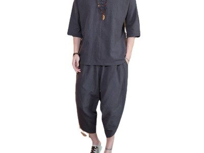 2023夏季男士亚麻套装中国风大码宽
