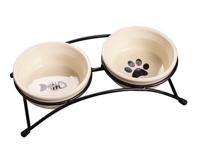 宠物猫猫狗狗铁架陶瓷双碗猫咪饮水