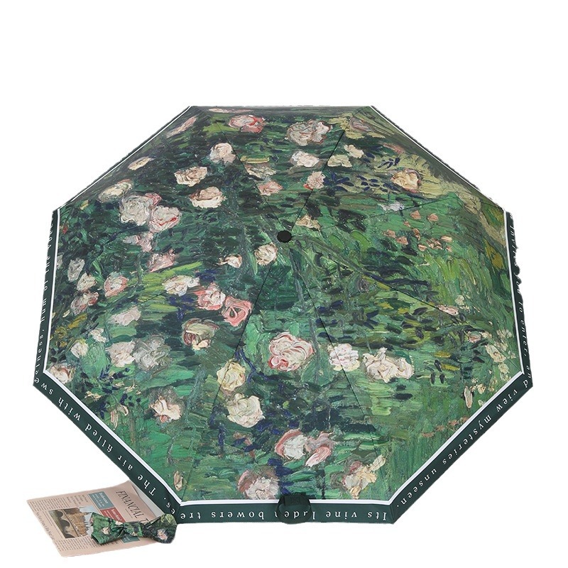 自动三折晴雨伞数码折叠伞黑胶防紫外线防晒遮阳油画玫瑰太阳伞