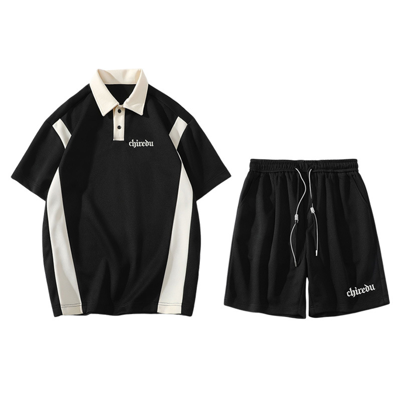 2023夏季学生运动套装 立领刺绣POLO衫 休闲沙滩五分裤两件套