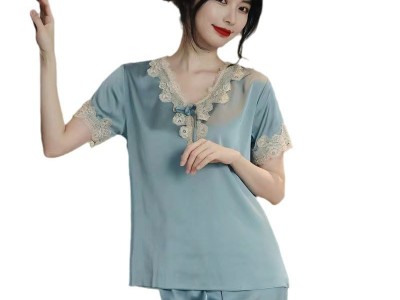 睡衣女夏季冰丝短袖套装柔软缎面舒