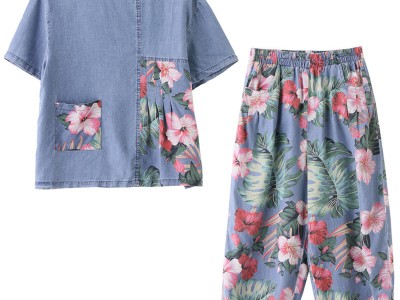 薄款休闲天丝花牛仔套装女2024夏季