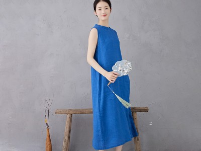 2024女式纯亚麻半高领无袖中长款打