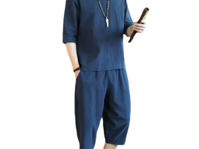 日系夏季男士亚麻套装中国风大码宽