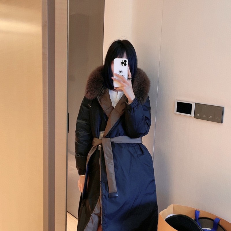 max家23新款撞色连帽双面穿加厚女式羽绒服经典收腰长款外套