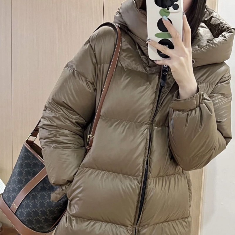 max家意式简约中长款秋冬连帽女士高端气质羽绒服鹅绒加厚外套