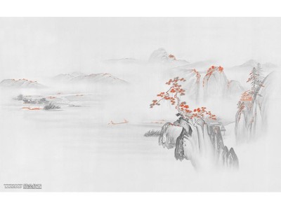 新中式壮观山川背景图客厅精雕描金