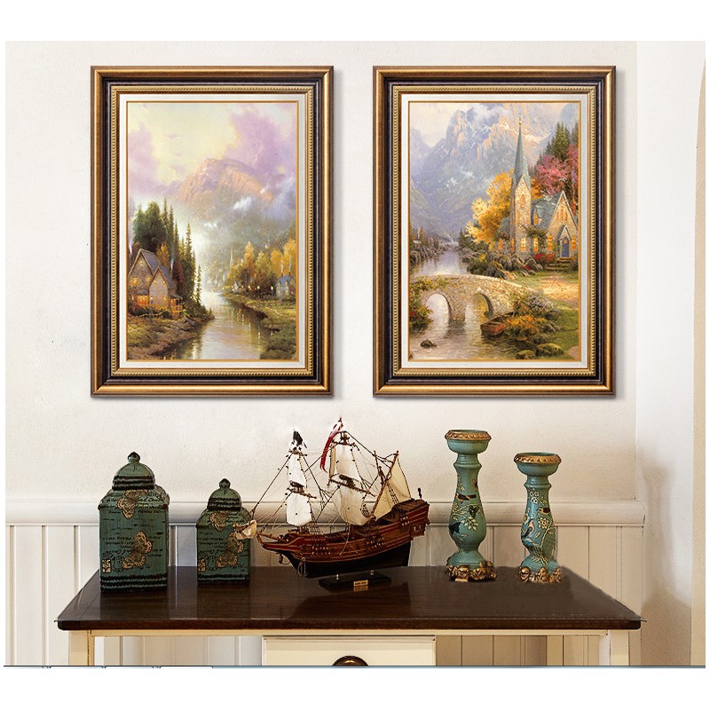客厅装饰画墙画风景挂画欧式壁画沙发背景墙三联画托马斯乡村油画