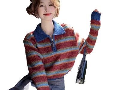 不退换 3084条纹套头宽松针织翻领毛