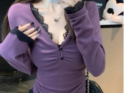 不退换 2734V领蕾丝拼接性感打底衫T