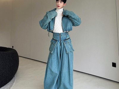 原创设计师水洗做旧复古廓形牛仔套