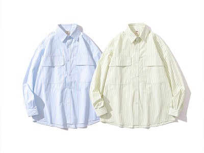 新款男工装衬衫春夏宽松清爽条纹外