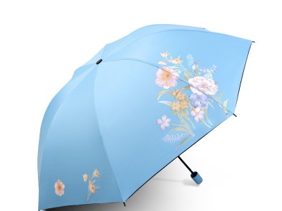三折手动小清新牡丹花晴雨两用伞黑