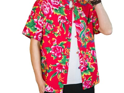 中国风牡丹花衬衫东北大花盘扣男休