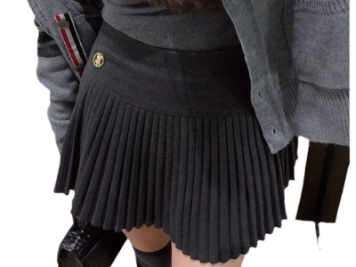 不退换 8838新款毛呢学院风百褶高腰