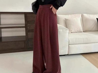 不退换 9933 毛呢波点花纹阔腿休闲