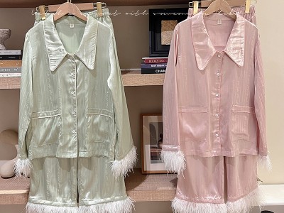 缎面提花轻奢高级感鸵鸟毛家睡衣女