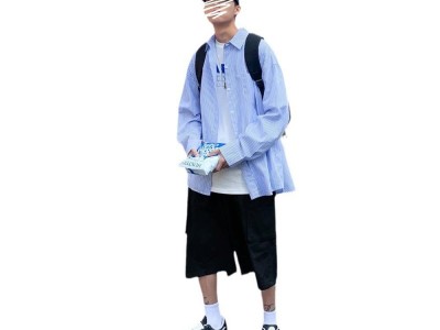 蓝色衬衫春夏季蓝白条纹男长袖韩版