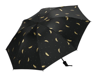手开大三折折叠黑胶烫金羽毛雨伞防