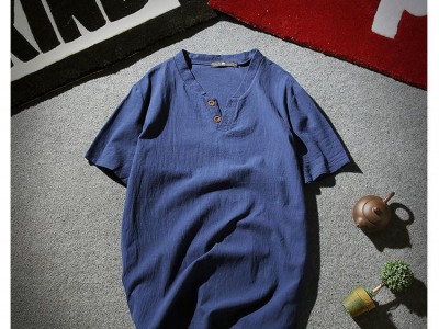 厂家直销夏季薄款亚麻短袖t恤男2粒