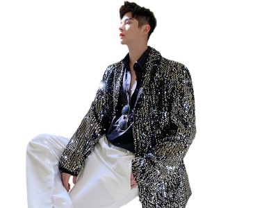 欧美秋季时尚时髦INS亮片西服男潮牌