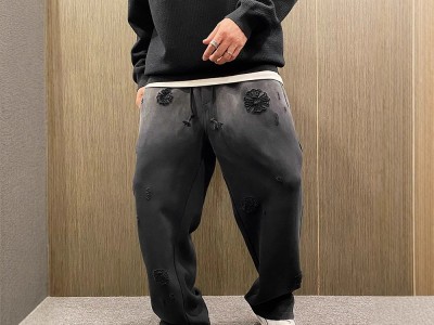 美式潮牌重工刺绣宽松直筒裤男松紧
