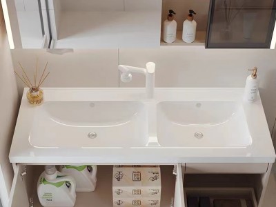 奶油风陶瓷双盆新款一体盆浴室柜组